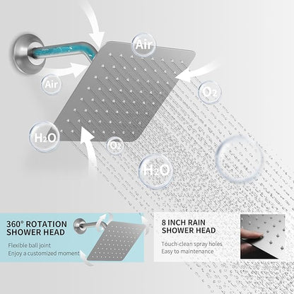 Digital Tempreature Display Full Body Shower System Wall Mounted 8 Inch Rain Shower System with 6 PCS Body Jets, Handheld Spray, Brushed Nickel Shower Fixtures