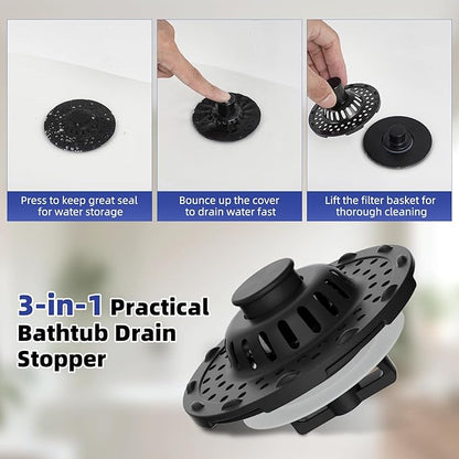 Metal 2 Pack Bathtub Drain Stopper with Top Hair Catcher, 3 in 1 Pop-up Bathtub Strainer, Tub Stopper with Detachable Stainless Steel Filter Basket for Standard 1.5 to 2.4'' Drain, Matte Black