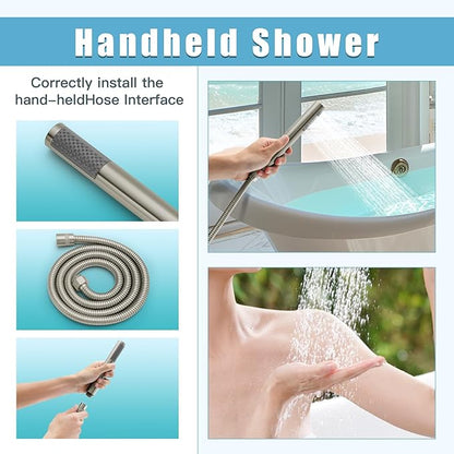 Floor Mount Bathtub Faucet，Freestanding Tub Faucet ，High Flow Dual Function 360 Degree Rotating Tube and Handheld Water Outlet (Brushed Nickel)
