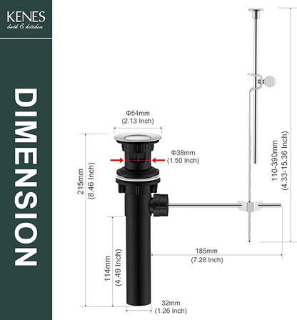 KENES Bathroom Sink Drain Stopper Assembly with Lift Rod, Brushed Nickel Sink Drain with Overflow, Lavatory Pop Up Drain Assembly for Bathroom Vanity Sink, LJ-P701