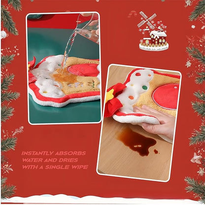 Cesqouc® 4pcs New Cute Style Hangable Hand Towels with Christmas Patterns:Christmas House,Santa Claus,Christmas Tree,Christmas Elk Patterns for Bathroom/Kitchen/Living Room/Children's
