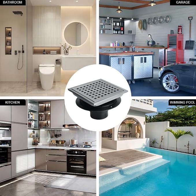 6 Inch Square Shower Drain, SUS 304 Stainless Steel Shower Drain with Flange, Removable Grid Cover Hair Strainer, High Flow Shower Floor Drain, Gun Grey