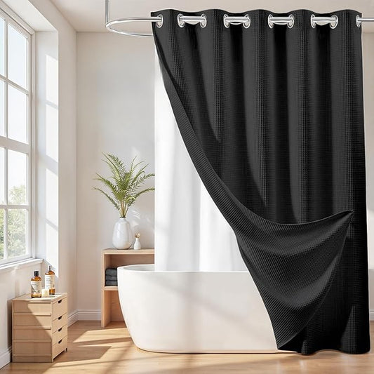 River Dream Extra Long No Hook Shower Curtain with Snap in Liner, Cotton Blend Shower Curtains for Bathroom, Hotel Grade, Water Repellent, Black, 71" Wx86 L