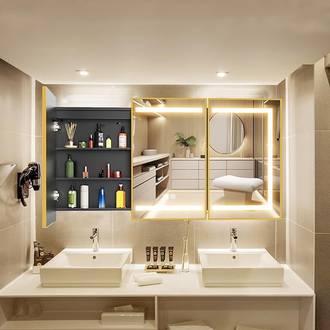 APRILSOUL 48X32 Inch Gold Bathroom Medicine Cabinet with Mirror, Recessed or Surface Lighted Medicine Cabinet with 3 Colors Temperature, Dimmable Light