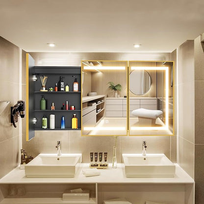 APRILSOUL 60X32 Inch Gold Bathroom Medicine Cabinet with Mirror, Recessed or Surface Lighted Medicine Cabinet with 3 Colors Temperature, Dimmable Light