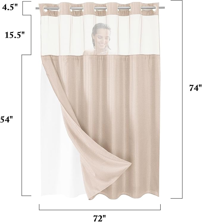 Gibelle No Hook Waffle Weave Shower Curtain with Snap-in Fabric Liner Set for Bathroom, Hotel Style with Mesh Top Window, Waterproof & Washable, Blush Pink, 72x74