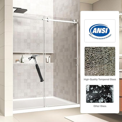 48" x 72" Frameless Sliding Shower Door, (1/4") Tempered Glass, Heavy-Duty 304 Stainless Steel Hardware, Adjustable 46-48" Width, Silent φ45 Rollers & 6" Handle, No-Leak F-Type/Bubble Seals
