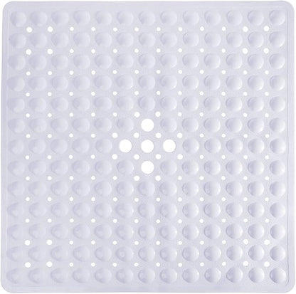 Yimobra Shower Stall Mat Non Slip, 21x21 Inch, Soft Square Bath Mat for Shower with Suction Cups and Drain Holes, Stall Floor Mats for Bathroom, Machine Washable, Bathroom Accessories, White