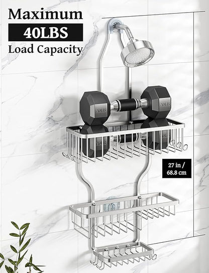 YASONIC Shower Caddy Hanging - Never Rust Shower Organizer - Aluminum Over The Head Caddy with 10 Hooks for Razor/Sponge - Rack with Soap Basket - Silver