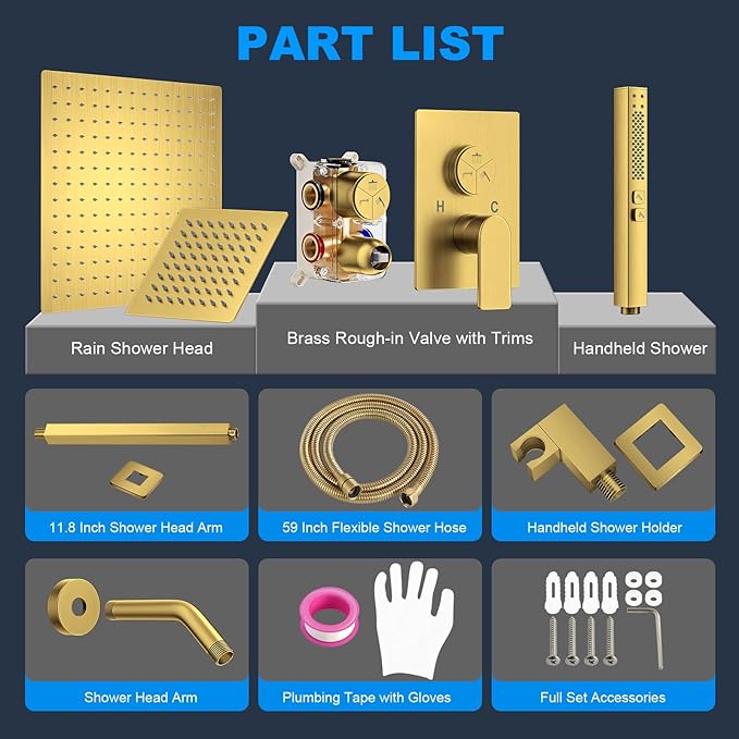 Shower Faucet Set, 3-Setting Push Button Brushed Gold Shower System, 12 Inch Ceiling Mounted Shower Head, 6 Inch Wall Mounted Rain Shower Head with 2 in 1 Handheld Spray, Shower Valve Trim Kit