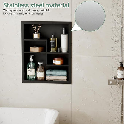 Stainless Steel Recessed Medicine Cabinet 14 * 18, Rust-proof Metal Wall Niche, In Wall Shower Niche Shelf Insert Replacement, Recessed Medicine Cabinets for Drywall, with 4 Compartments, Black