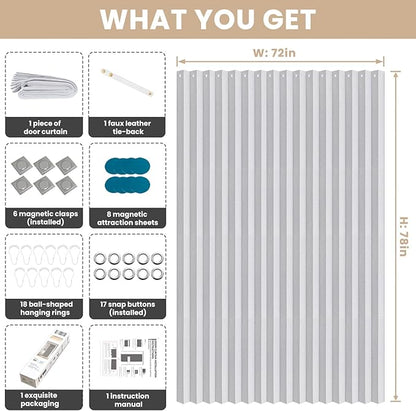 Accordian Door Curtain, 100% Blackout Folding Magnetic Doorway Curtains,Linen Style Closet Doors,for Room Divider,Privacy Protection（W72 x L78,White,1 Panel）
