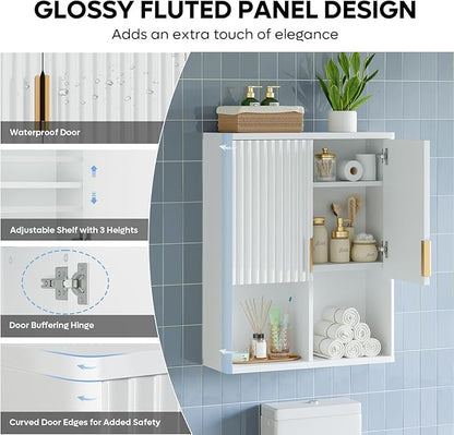 Bestier Fluted Bathroom Wall Cabinet Over The Toilet Storage, 23"x 29" Medicine Cabinet with Adjustable Shelf, Laundry Cabinet Wall Mounted and Kitchen Storage Cabinet(Glossy White)