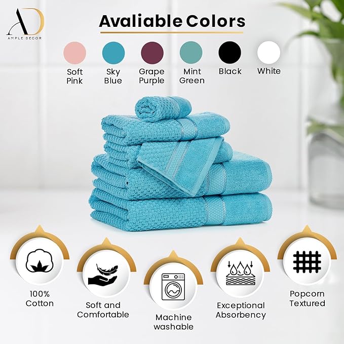 Ample Decor 100% Cotton Sky Blue 18 X 28 Inch Hand Towel for Bathroom Set of 52 - Super Soft, Highly Absorbent, Popcorn Textured