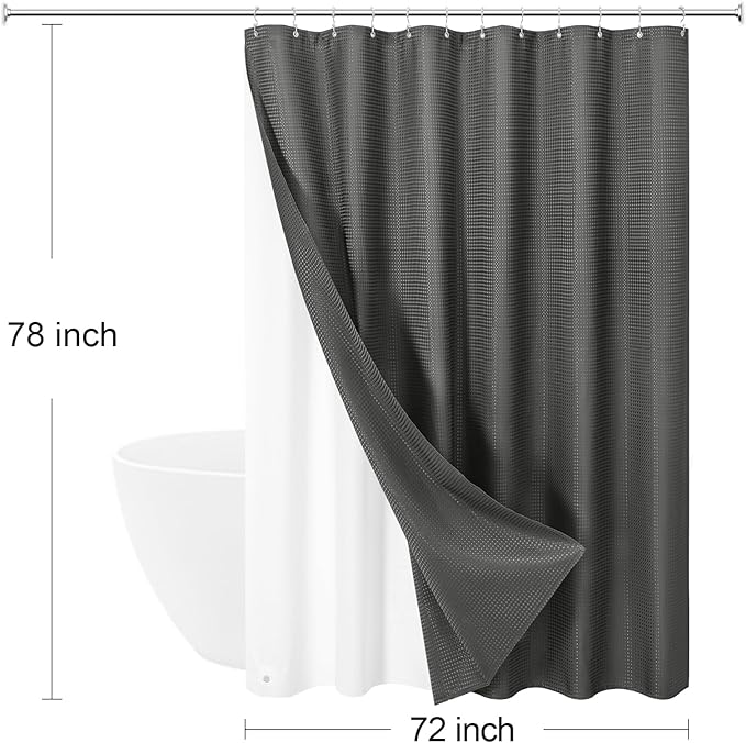 3 in 1 Long Charcoal Grey Shower Curtain Set-72 W x 78 H, Modern Waffle and PEVA Liner Set with 12 Stainless Steel Hooks, Waterproof Fabric for Bathroom