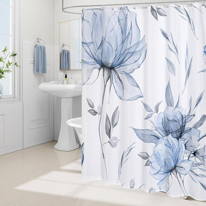 Blue and Grey Boho Watercolor Floral Shower Curtain, Ink Painting Style Blossom & Leaf Shower Curtains for Chic Elegant Bathroom, Artistic Fabric Cloth Flower Shower Curtain, 72x72