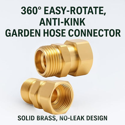 Garden Hose Swivel Connector, 3/4" GHT Brass Swivel Hose Connector, 360° Male to Female Hose Adapter, Anti-Kink Garden Hose Fittings, No-Leak Design with Washer and PTFE Tape