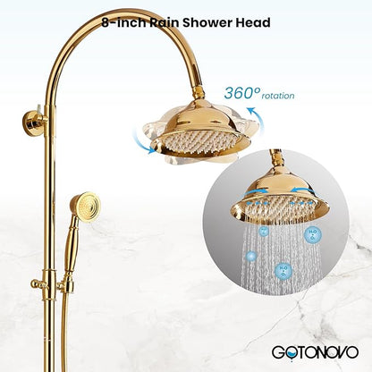 gotonovo Bathroom Classic Exposed Shower Faucet Wall Mount Shower System 8 Inch Luxurious Rainfall Shower Head Set with Tub Spout and Handheld Spray Double Cross Handles Polished Gold