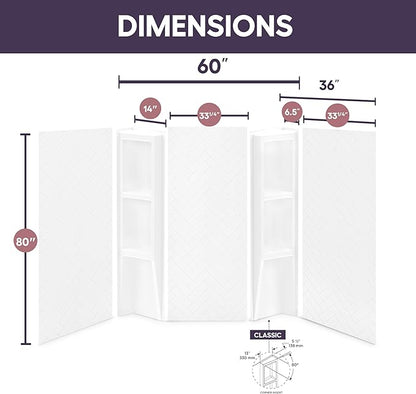 White Acrylic Shower Wall Surround 36"x 60"x 80" - Waterproof Easy-to-Install Two Shelf Units Kit Included - Shower Wall Surround Panels - Chevron Tiles Pattern, Classic Shelves