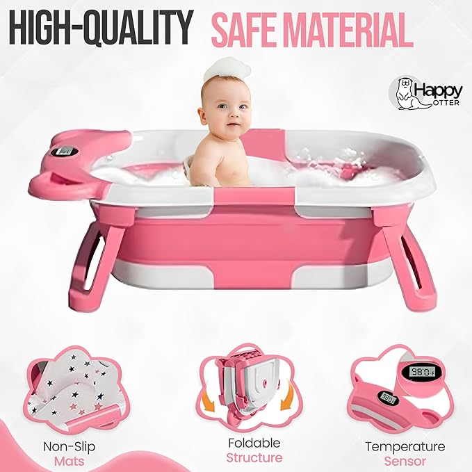 Portable Baby Bathtub with Heat Sensor for Toddlers & Newborns, Padded Baby Bath Tub with Water Release Feature for Travel & Home Baby Bath seat