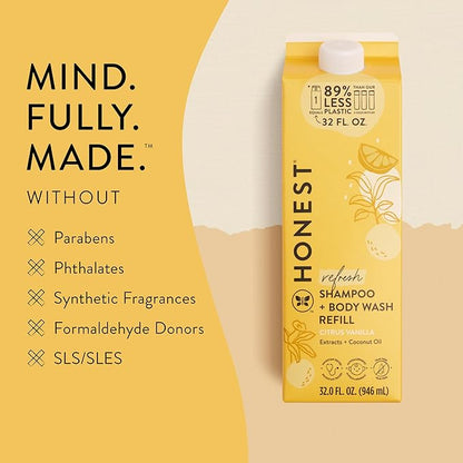 The Honest Company 2-in-1 Cleansing Shampoo Body Wash Refill Carton Gentle for Baby Naturally Derived Tear-free Hypoallergenic Citrus Vanilla Refresh 32 fl oz