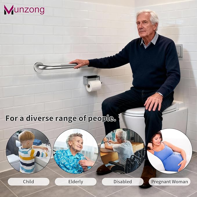 16 Inch Anti Slip Shower Grab Bar,Munzong 2 Pack Handicap Grab Bars,Brushed Nickel Knurled Bathroom Balance Bar,Safety Hand Rail Support Elderly Senior Bath Handle