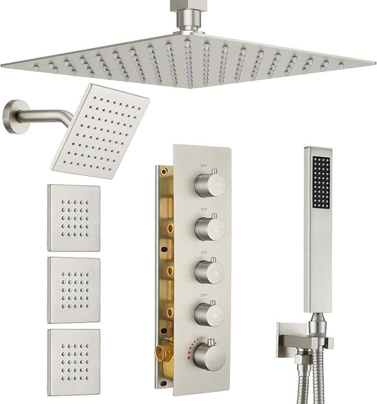 Thermostatic Dual Shower Heads System with 4-Inch Body Jets, Ceiling 16" Rainfall & Wall Mount 6" Shower Head, Luxury Brushed Nickel Shower Faucet Set with Handheld Sprayer for 2-Person/Tandem Shower
