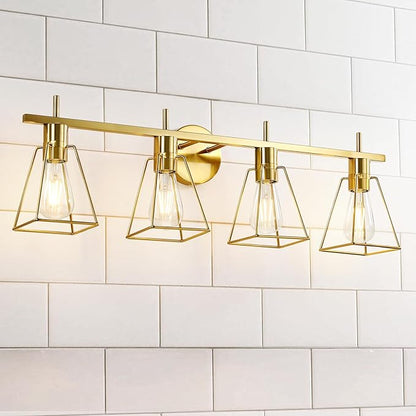 Industrial Bathroom Vanity Lights: 4-Lights Gold Brushed Brass Vintage Metal Cage Wall Lamps - Rustic Farmhouse Light Fixture Over Mirrors Cabinet for Painting Hallway