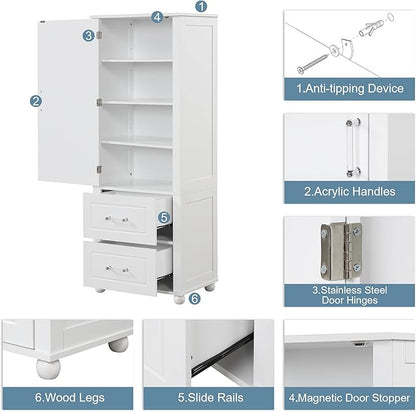 Tall Bathroom Storage Cabinet with Door and Shelves, Kitchen Pantry Linen with 2 Drawers for Home, Living Room, Dining Room, White