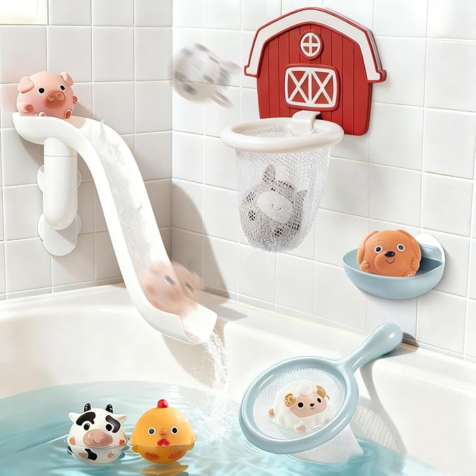 No-Hole Farm Bath Toys for Toddlers 1-3 | Slide, Basketball Hoop & 6 Animal Set | Easy to Clean & Dry Bathtub Play Gifts for Boys Girls