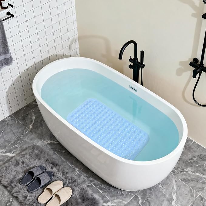 Anti-Slip Bathtub Shower mat, 27.5×14.5（Approximately 70×37cm） inch Soft Oversized Machine Washable Non-Slip Bathtub mat with Drainage Holes, Bathroom Floor Suction Cup.（1-Opaque Light Blue）