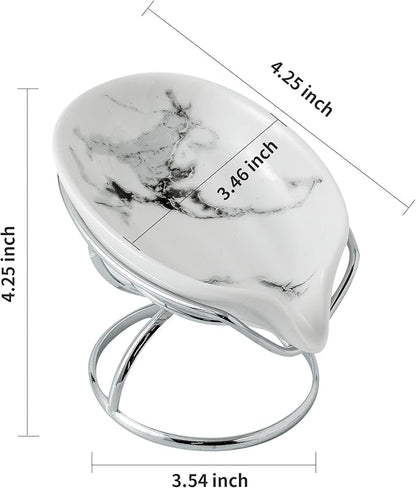 Leaf-Shaped Soap Dish – Premium Ceramic Soap Bar Holder with Self-Drainage System – Bar Soap Holder for Shower, Bathroom Sink, Kitchen – Waterfall Soap Dish with Stainless Steel Stand (SLIVER)