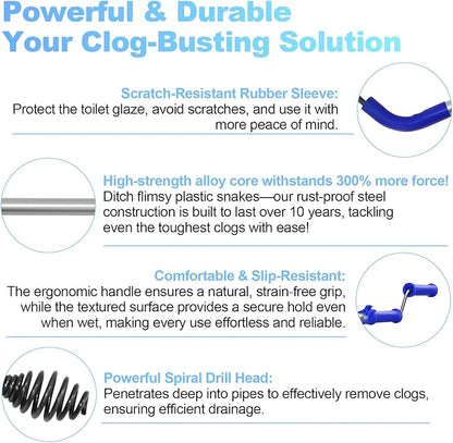 Toilet Snake Drain Clog Remover Tool, Closet Aauger Toilet Auger 6FT - Rust-Resistant with Non-Scratch Silicone Head, No Plumber Needed for Unclogging Toilets