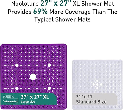 Large Clear Purple Square Shower Mat Non Slip 27 x 27 Inch, Soft Bath Mat Tub Mat for Inside Shower Floor, Bathroom Shower Stall Mats With Big Suction Cup Drain Hole, Easy Washable, BPA-Free