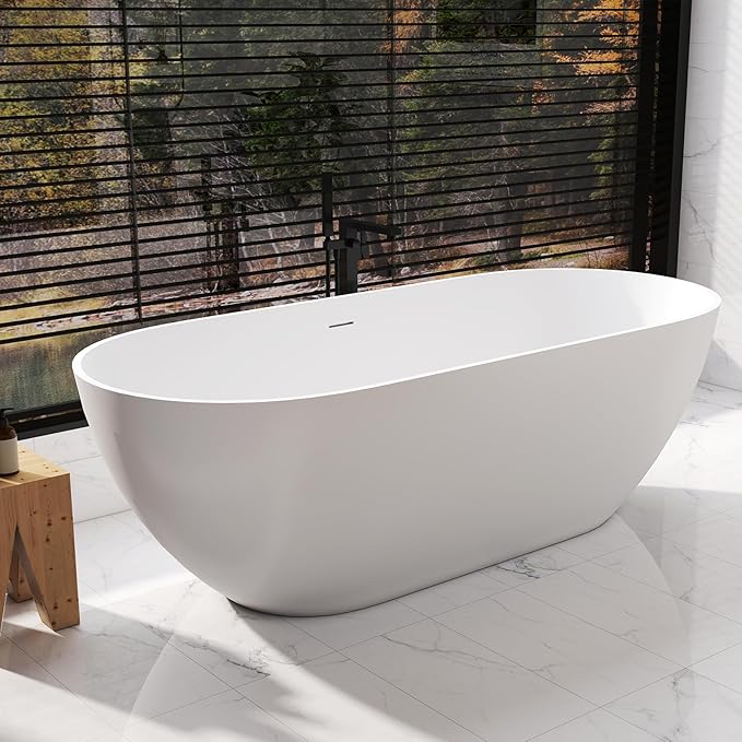 59 Inch Solid Surface Freestanding Bathtub, Oval Shaped Soaking Stone Resin Bath Tub with Brushed Overflow and Drain, Matte White Stand Alone Bathtub, cUPC Certified