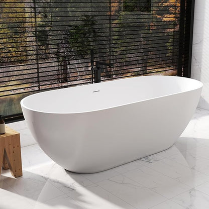 59 Inch Solid Surface Freestanding Bathtub, Oval Shaped Soaking Stone Resin Bath Tub with Brushed Overflow and Drain, Matte White Stand Alone Bathtub, cUPC Certified