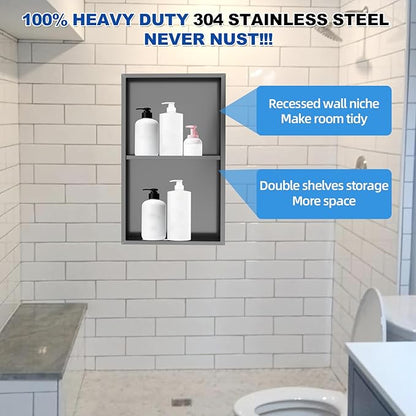 304 Stainless Steel Shower Niche Insert-Glossy Black 24 x 12" No Tile Needed Bathroom Niche for Shower Wall-Double Shelves Built in Shower Shelf-Waterproof Recessed Cabinet for Bathroom Living Room
