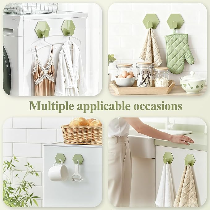Tindbea Adhesive Towel Hooks Heavy Duty Wall Hooks Waterproof Stainless Steel Shower Rack for Coat, Key, Hat, Robe, Clothes, Picture Hanging Towel Hooks for Bathrooms Kitchen Door (4-Pack, Green)