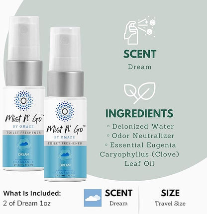 Mist N’ Go by Omaze Travel Bathroom Spray for Toilet Spray Odor Eliminator - Travel Toilet Spray for Bathroom Air Freshener Spray for Bathroom Deodorizer - Dream Travel Size (1oz x2)