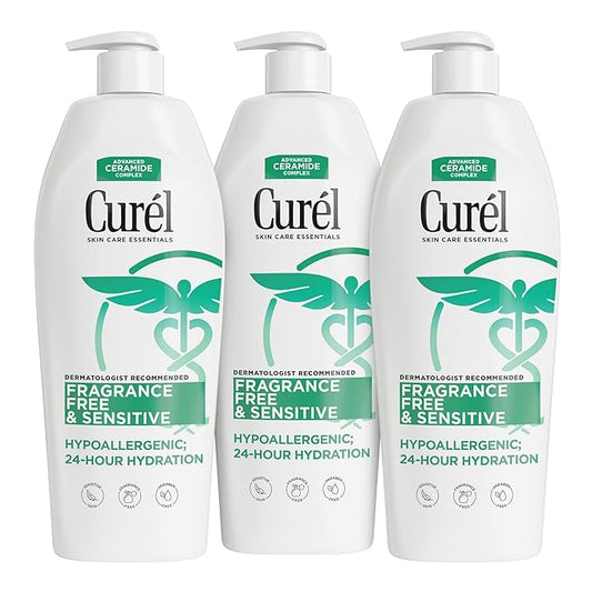 Curel Fragrance Free Lotion for Sensitive and Dry skin, Non-Greasy Hand and Body Lotion that Hydrates and Relieves Irritated Itchy Skin, Ceramide Moisturizer, Body Care, Bulk, 13 Oz (Pack of 3)