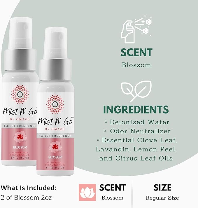 Mist N’ Go by Omaze Travel Bathroom Spray for Toilet Spray Odor Eliminator - Travel Toilet Spray for Bathroom Air Freshener Spray for Bathroom Deodorizer - Blossom Regular Size (2oz x2)