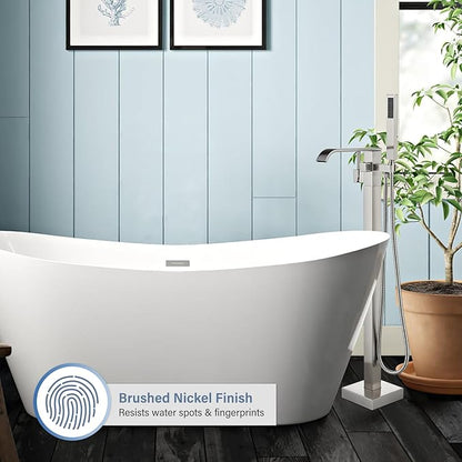 Freestanding Bathtub Faucet Brushed Nickel Tub Filler Floor Mount Single Handle Brass Tap with Handheld Shower and Swivel Mixer Spout