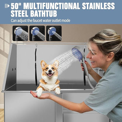 Stainless Steel Dog Cat Pet Grooming Bath Tub (w/Faucet, Sprayer, Shampoo Rack)