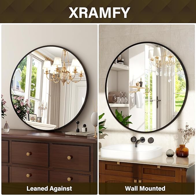 36 Inch Round Mirror - Circle Mirrors for Bathroom, Entryway and Living Room Wall Decor, Modern Hanging Vanity Mirror, Matte Black Circle Decorative Wall Mirror