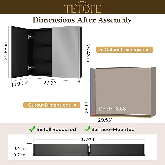 TETOTE 30 x 26 Bathroom Mirror with Storage with Tempered Beveled Mirror Black Medicine Cabinet Aluminum Cabinet DTC Hinges, Stepless Adjustable Shelves, Recessed/Surface-Mounted