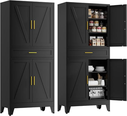71" Tall Farmhouse Pantry Cabinet,Metal Cabinets with Doors and Shelves,Storage Cabinet for Kitchen, Garage,Black