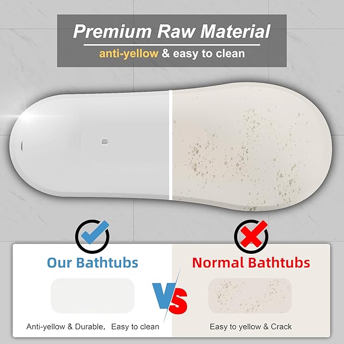 55" Freestanding Slipper Soaking Bathtub, WHALEKING Luxury Curve Edge Stand Alone Free Standing Deep Acrylic Tub with Chrome Overflow and Drain, Glossy White