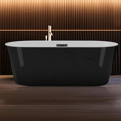 59" Acrylic Soaking Bathtub, Deep Modern Tub with Non-Slip Base, CUPC Certified, Space-Saving Bath with Chrome Drain and Overflow, Easy Install for Small Bathrooms, Black