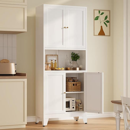 Metal Storage Cabinet, 69" Tall Bathroom Cabinets with 4 Doors & 3 Adjustable Shelves Large Cupboard, White Metal Pantry Cabinets for Kitchen, Home Office, Garage, Warehouse