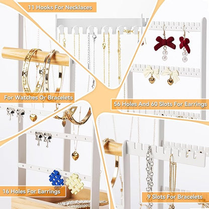 DreamGenius Jewelry Organizer Stand with Velvet Ring Holder, 4 Tier Jewelry Holder Organizer with 11 Hooks for Necklaces and 132 Holes for Earrings, White